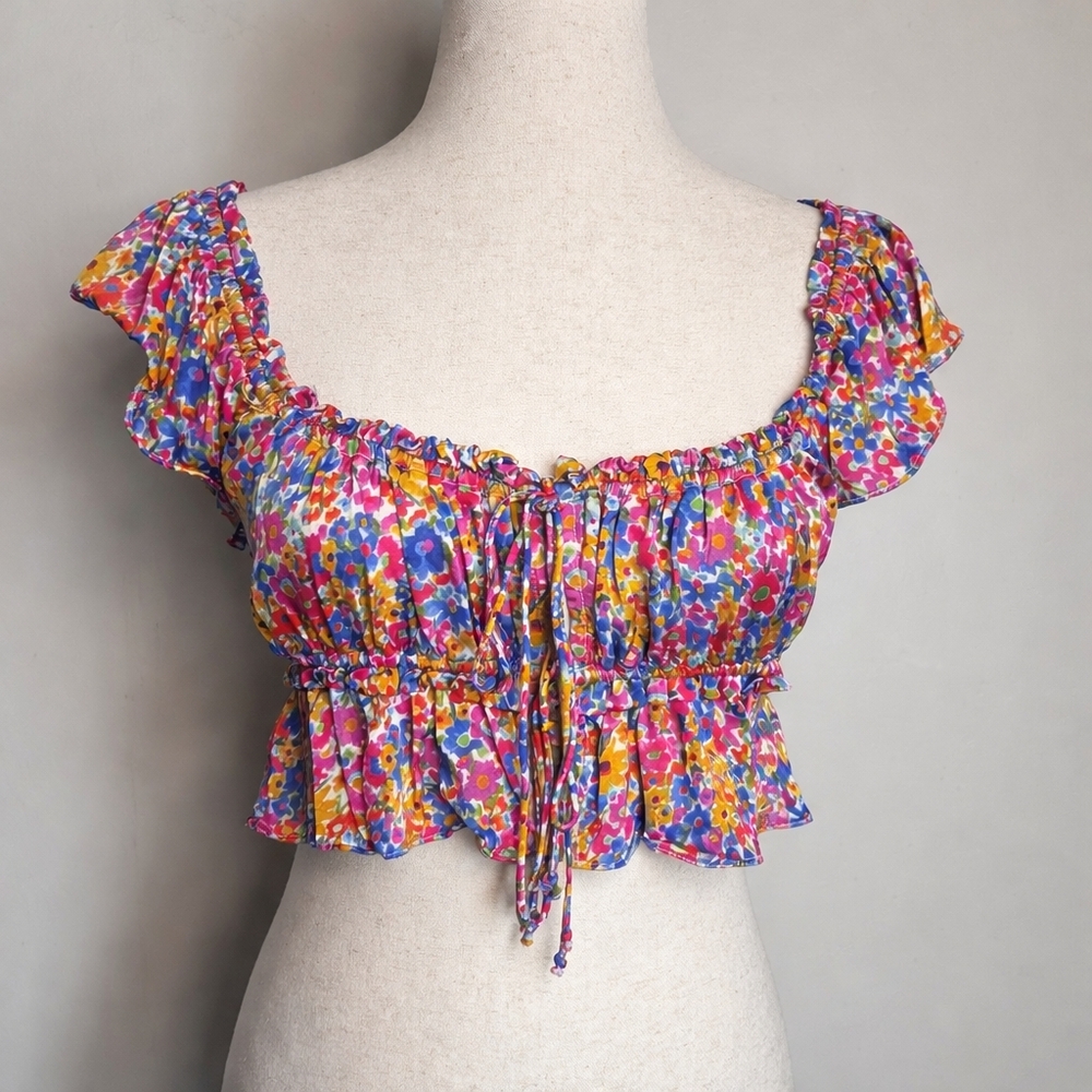 For Love & Lemons Sasha Floral Print Cutout Crop Top Size S Tie Front Ruffle